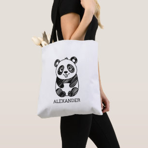 Bolsa Tote Desenho de Panda Branco e Preto Minimalista