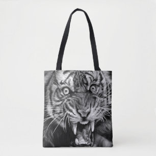 Bolsa Tote Desenho de um tigre selvagem em preto e branco, wh