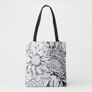 Bolsa Tote Desenho em Linha Preta de Crisântemo com Seu Nome