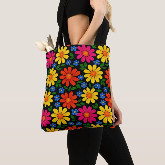 Bolsa Tote Desenho Floral Laranja, Vermelho, Rosa, Amarelo (Close Up)