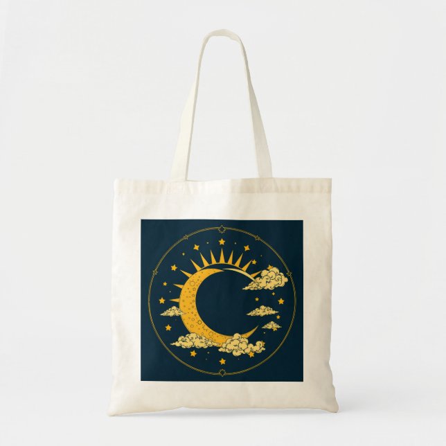 Bolsa Tote Desenho Místico do Sol e da Lua em Tarot Dourado (Frente)