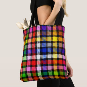 Bolsa Tote Desenho Xadrez Escocês em Tom Preto Colorido 