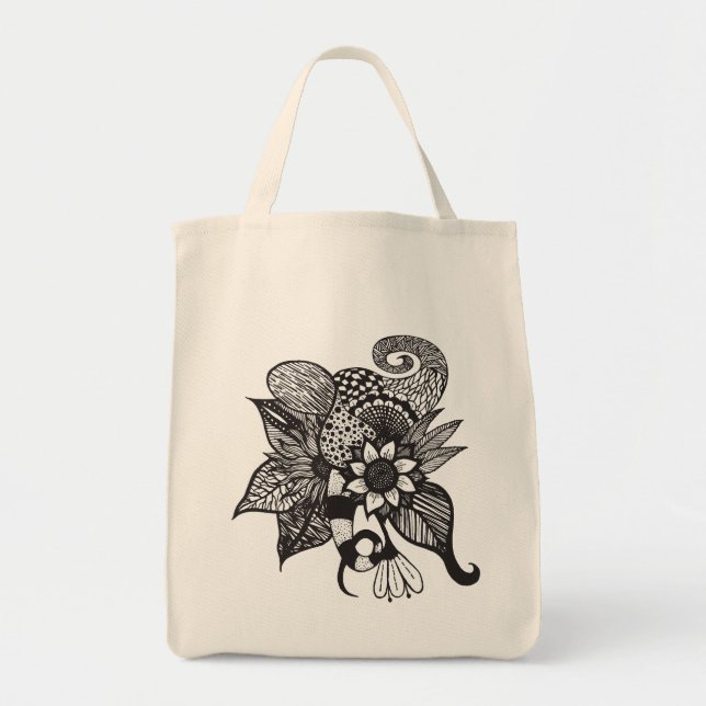 Bolsa Tote Desenhos florais da mão do emaranhado preto e (Frente)