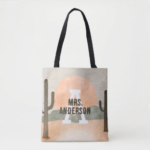 Bolsa Tote Desert Cactus Sun Personalizado Sobrenome Inicial