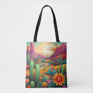 Bolsa Tote deserto florido com cacto e flores