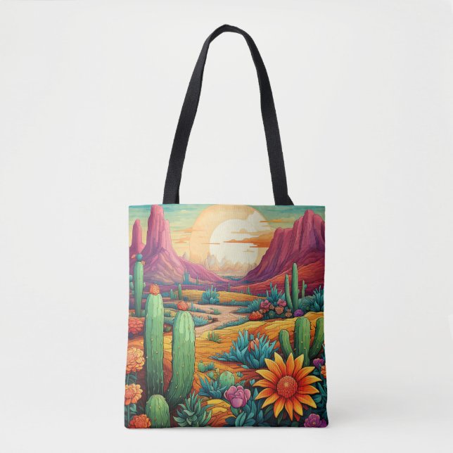 Bolsa Tote deserto florido com cacto e flores (Frente)
