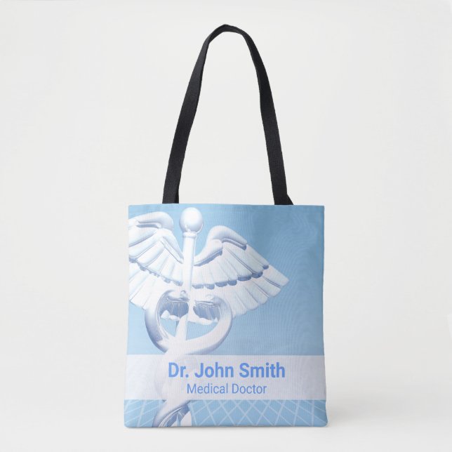 Bolsa Tote Design Azul 3D Caduceus Branco Médico (Frente)