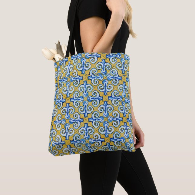 Bolsa Tote Design Azulejo Espanhol Azul/Amarelo (Close Up)