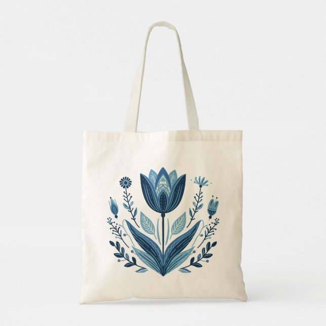 Bolsa Tote Design Botânico Rustic Blue Tulip Flower Folk (Verso)