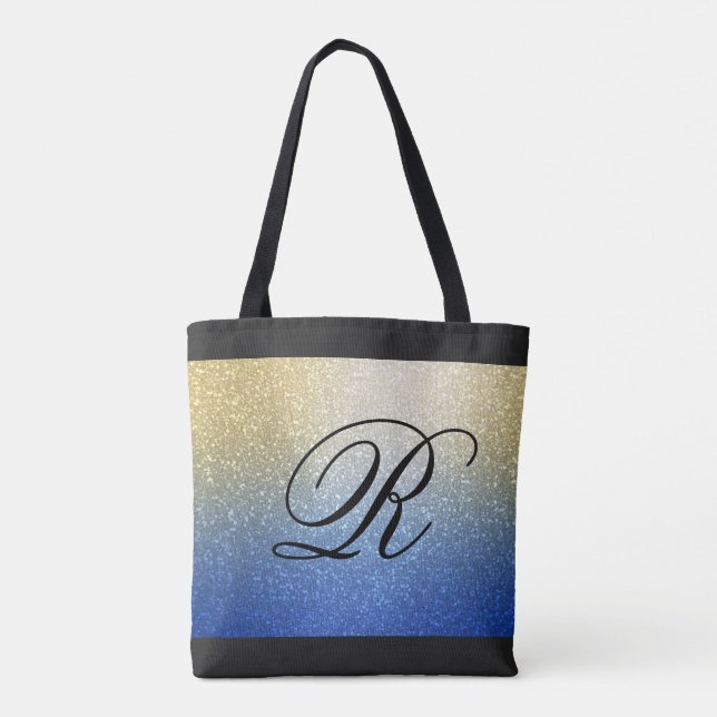 Bolsa Tote Design brilhante Dourado azul com monograma (Verso)