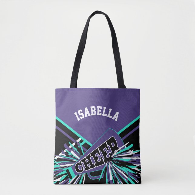 Bolsa Tote Design Cheerleader Roxo, Teal, Preto e Branco (Frente)