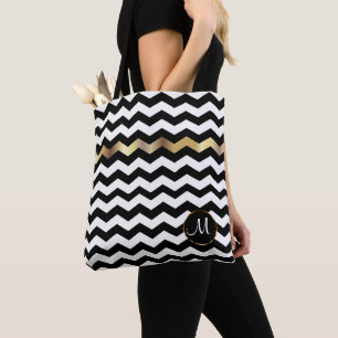 Bolsa Tote Design Chevron Dourado, Branco e Preto