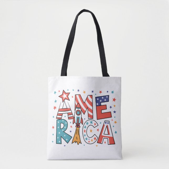 Bolsa Tote Design Colorido com Texto América e Estrelas (Frente)