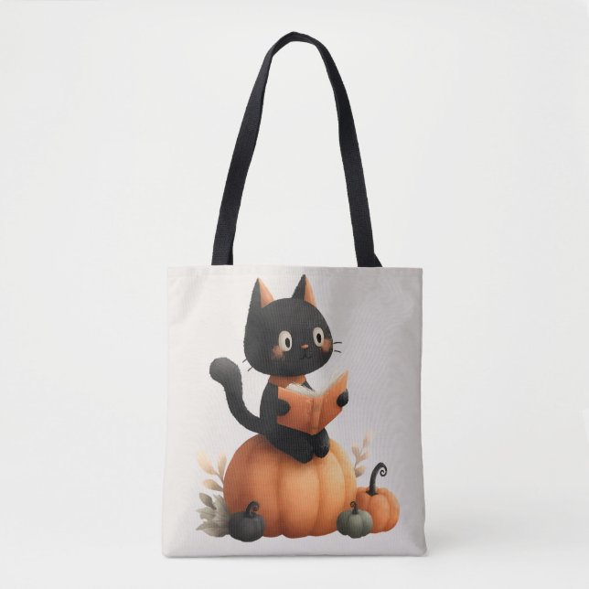 Bolsa Tote Design de Abóbora de Gato Negro Halloween (Frente)