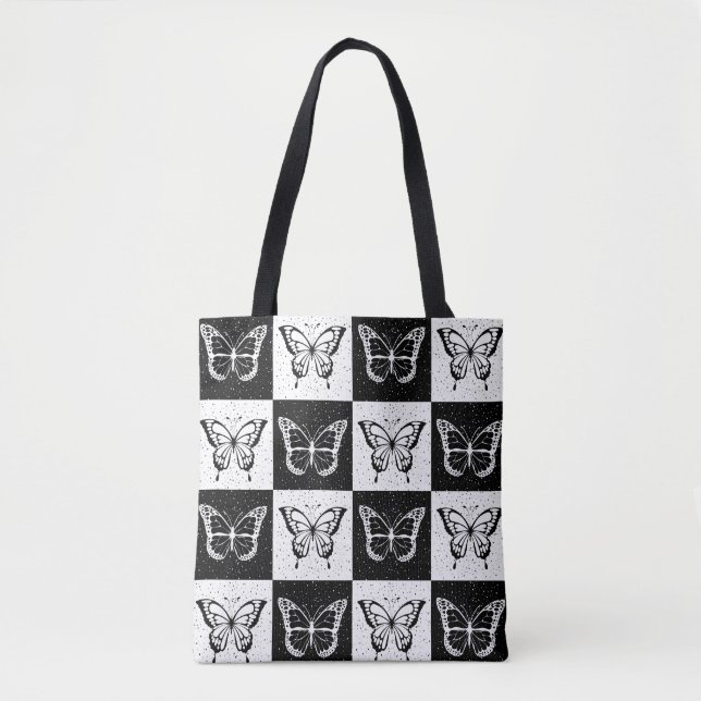 Bolsa Tote Design de borboleta branca-preta com controlo (Frente)