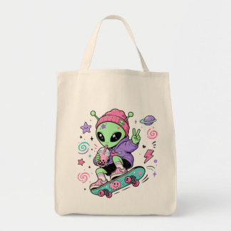 Bolsa Tote Design de Chá de Bolha de Alien Kawaii Skater