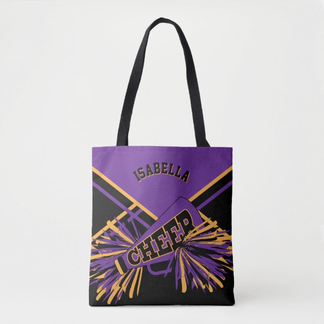Bolsa Tote Design de Cheerleader roxo, preto e Dourado (Frente)