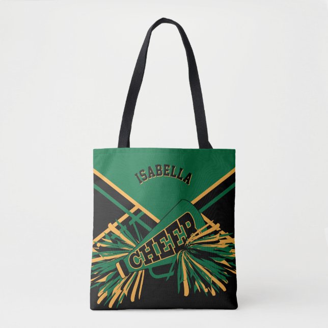 Bolsa Tote Design de Cheerleader Verde, Preto e Dourado (Frente)