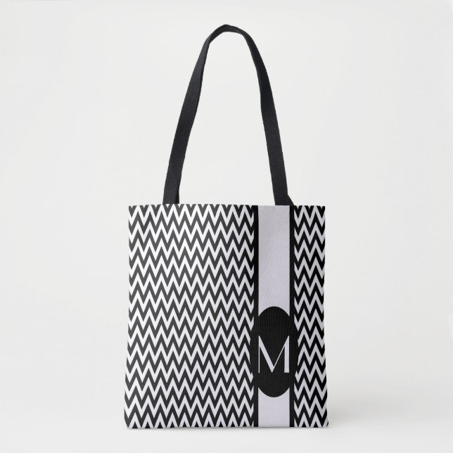 Bolsa Tote Design de Chevron Elegante Preto com monograma (Frente)