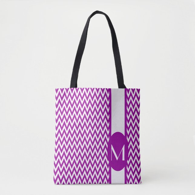 Bolsa Tote Design de Chevron Elegante roxo com monograma (Frente)