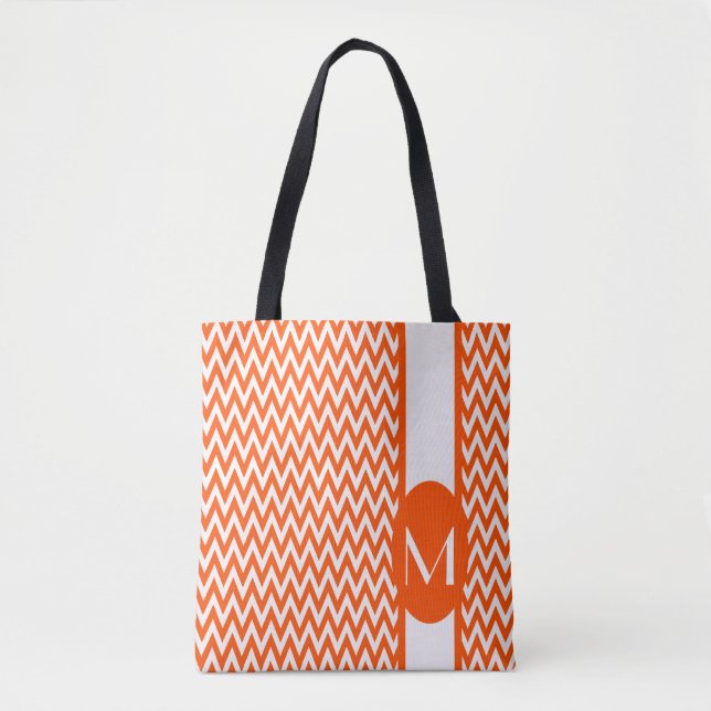 Bolsa Tote Design de Chevron Elegante Vermilão com monograma (Frente)