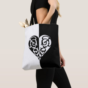 Bolsa Tote Design de Coração Negro e Branco Filigre