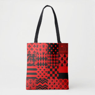 Bolsa Tote Design de Correção de Padrões Mistos de Preto Verm