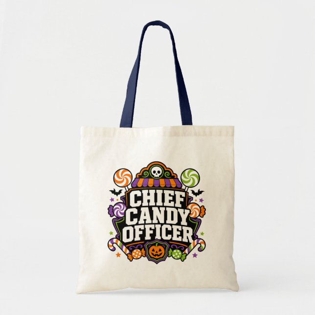 Bolsa Tote Design de Crachá de Halloween de Diretor de Doces (Frente)