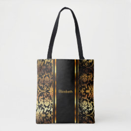 Bolsa Tote Design de Dourado e Preto para Damasco Floral