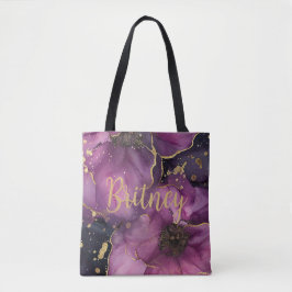 Bolsa Tote design de flor de cor-de-rosa elegante e dourada