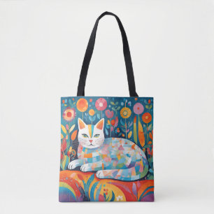 Bolsa Tote Design de Gato Geométrico Colorida, Felino Abstrat