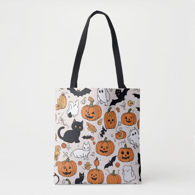 Bolsa Tote Design de Gatos Pretos e Espíritos do Halloween (Frente)