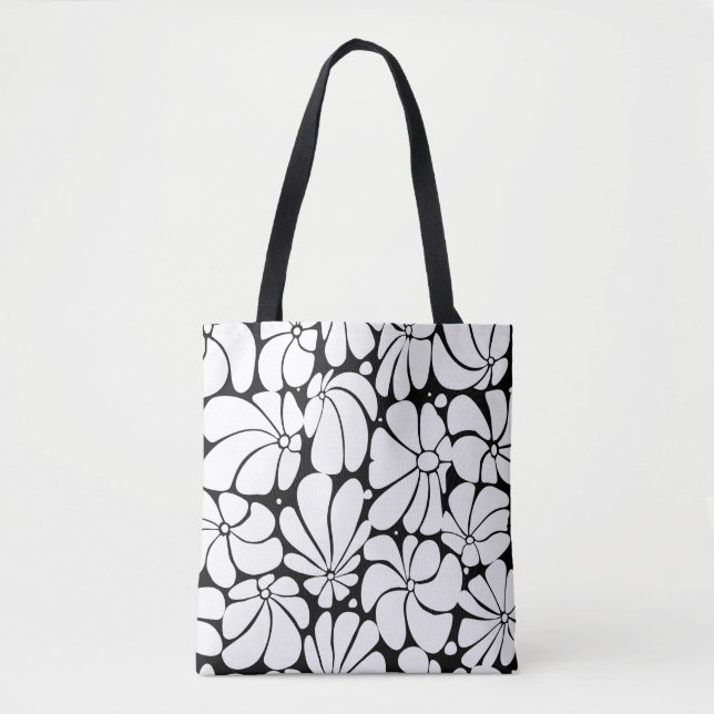 Bolsa Tote Design de Gráfico de Flores Preto e Branco Retroat (Frente)