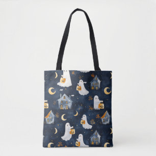Bolsa Tote Design de Halloween bonito com fantasmas e abóbora