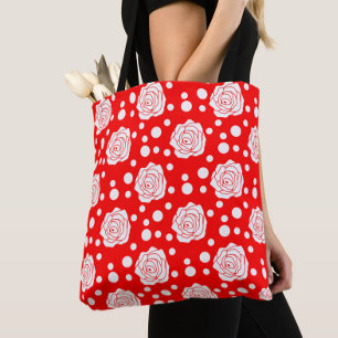 Bolsa Tote Design de Ilustração Floral das Bolinhas Brancas V