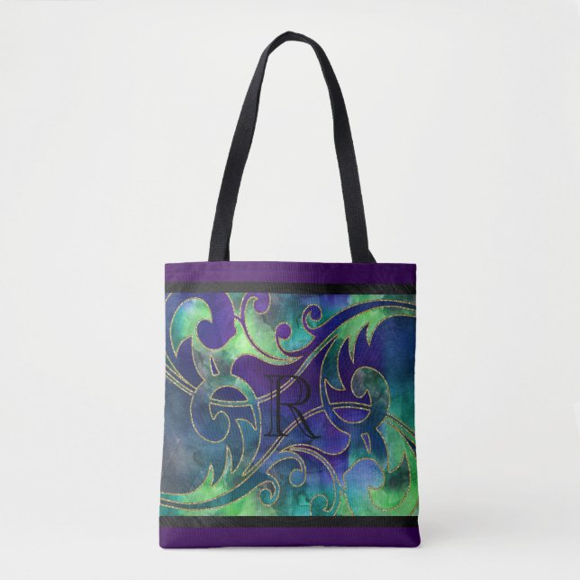 Bolsa Tote Design de Largura Verde Azul Roxo (Frente)