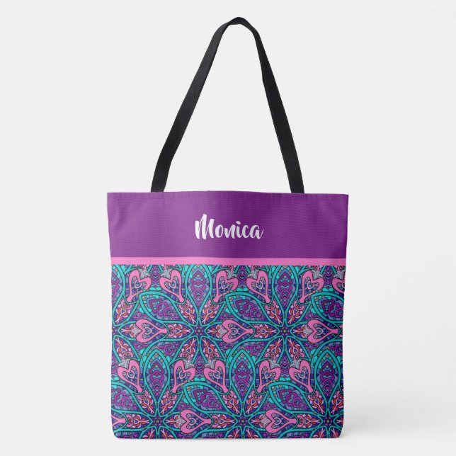 Bolsa Tote Design de Mandala Colorida, Água Rosa Púrpura (Frente)