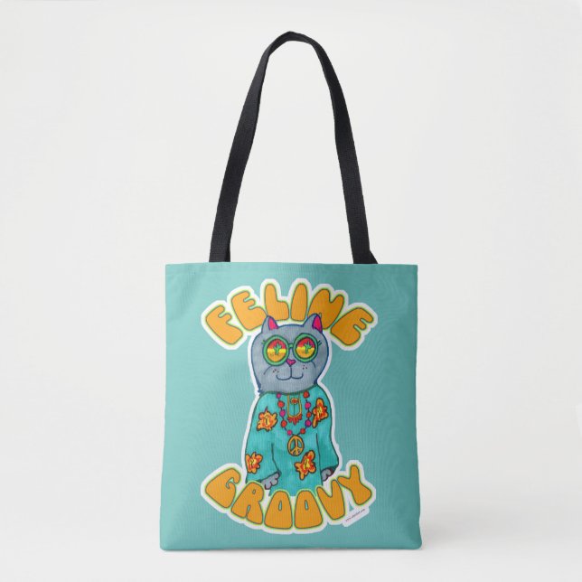 Bolsa Tote Design de Marcador de Gato Hippie Groovy Felino (Frente)