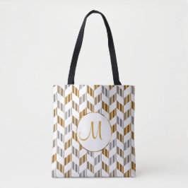 Bolsa Tote Design de Monograma Dourado, Branco e Silver Chevr