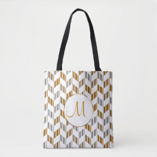 Bolsa Tote Design de Monograma Dourado, Branco e Silver Chevr