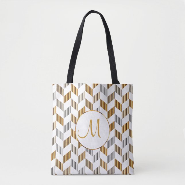 Bolsa Tote Design de Monograma Dourado, Branco e Silver Chevr (Frente)