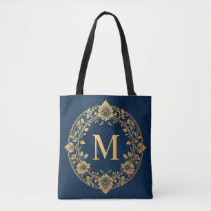 Bolsa Tote Design de Monograma Floral Dourado Elegante