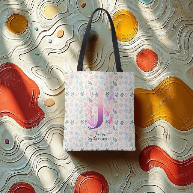 Bolsa Tote Design de Monograma Floral Elegante de Jenna - J (Criador carregado)