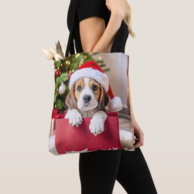 Bolsa Tote Design de Natal de Cachorrinho Beagle, (Close Up)