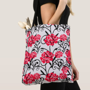 Bolsa Tote Design de Padrão de Ilustração Floral da rosa verm