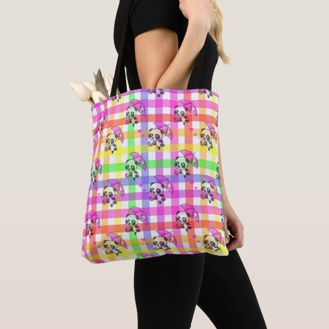 Bolsa Tote Design de padrão xadrez arco-íris (Close Up)