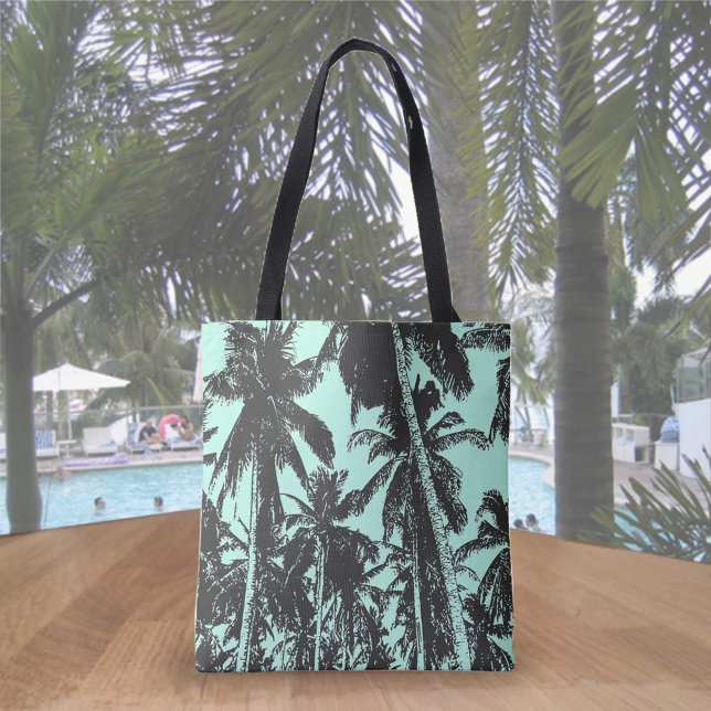 Bolsa Tote Design de Palmeiras Tropicais em Preto e Azul (Criador carregado)