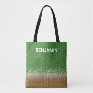 Bolsa Tote Design de Pixel Verde e Marrom com Nome de Minera
