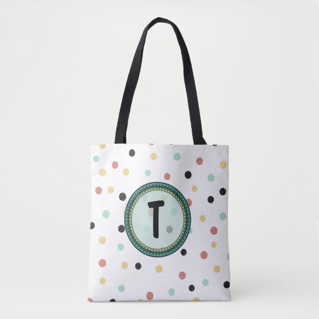 Bolsa Tote Design de Polka-Dot Monograma Moderno (Frente)