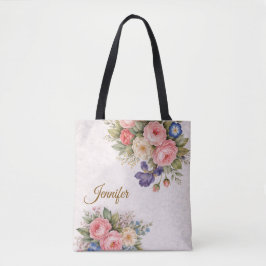 Bolsa Tote Design de Rosa Floral Personalizada Rústica Vintag